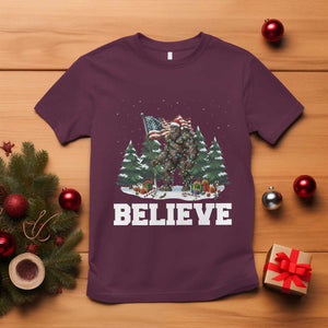 Funny Believe Bigfoot Christmas T Shirt American Flag Sasquatch Holiday Gift TS11 Maroon Print Your Wear