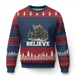 Funny Believe Bigfoot Xmas Ugly Christmas Sweater American Flag Sasquatch Holiday Gift TS11 Navy Red Print Your Wear