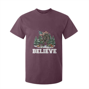 Funny Believe Bigfoot Christmas T Shirt For Kid American Flag Sasquatch Holiday Gift TS11 Maroon Print Your Wear