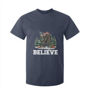 Funny Believe Bigfoot Christmas T Shirt For Kid American Flag Sasquatch Holiday Gift TS11 Navy Print Your Wear