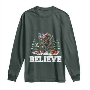 Funny Believe Bigfoot Christmas Long Sleeve Shirt American Flag Sasquatch Holiday Gift TS11 Dark Forest Green Print Your Wear