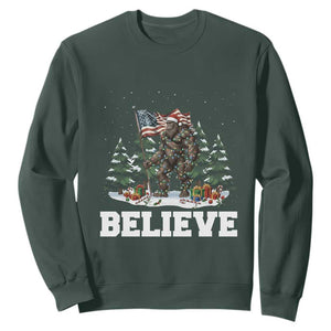 Funny Believe Bigfoot Christmas Sweatshirt American Flag Sasquatch Holiday Gift TS11 Dark Forest Green Print Your Wear