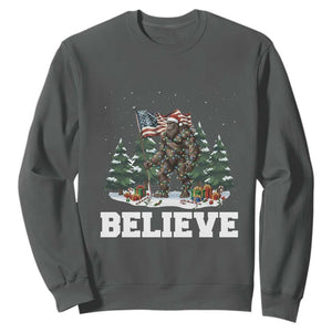 Funny Believe Bigfoot Christmas Sweatshirt American Flag Sasquatch Holiday Gift TS11 Dark Heather Print Your Wear