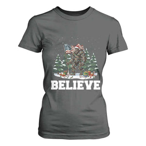 Funny Believe Bigfoot Christmas T Shirt For Women American Flag Sasquatch Holiday Gift TS11 Dark Heather Print Your Wear
