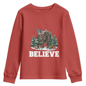 Funny Believe Bigfoot Christmas Youth Sweatshirt American Flag Sasquatch Holiday Gift TS11 Red Print Your Wear