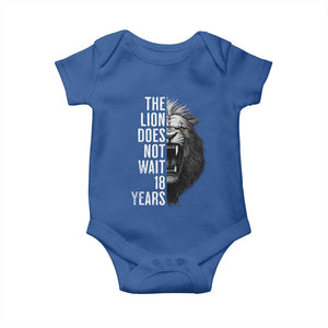 Funny The Lion Does Not Wait 18 Years Baby Onesie Lion Meme Gen Z Alpha TS11 Royal Blue Print Your Wear