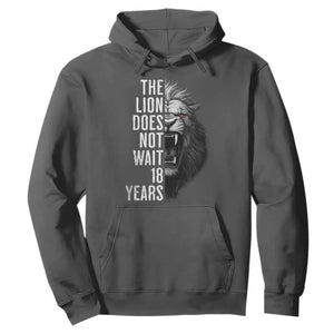 Funny The Lion Does Not Wait 18 Years Hoodie Lion Meme Gen Z Alpha TS11 Dark Heather Print Your Wear