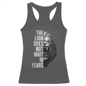 Funny The Lion Does Not Wait 18 Years Racerback Tank Top Lion Meme Gen Z Alpha TS11 Dark Heather Print Your Wear