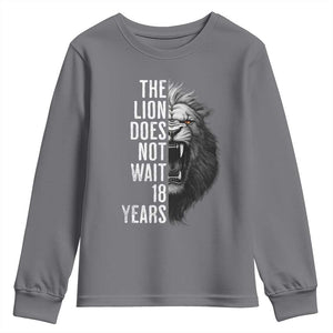 Funny The Lion Does Not Wait 18 Years Youth Sweatshirt Lion Meme Gen Z Alpha TS11 Charcoal Print Your Wear