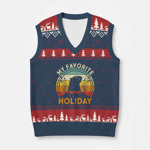 Funny Groundhog Day V-Neck Knit Sweater Vest My Favorite Holiday Retro Vintage Woodchuck TS11 Navy Red Print Your Wear