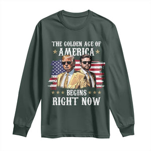 Funny Trump Vance 2025 Long Sleeve Shirt The Golden Age Of America Begins Right Now American Flag TS11 Dark Forest Green Print Your Wear