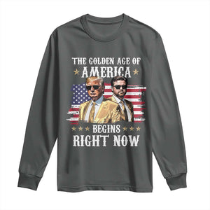 Funny Trump Vance 2025 Long Sleeve Shirt The Golden Age Of America Begins Right Now American Flag TS11 Dark Heather Print Your Wear