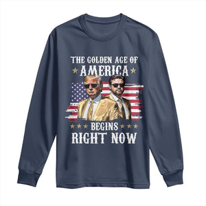 Funny Trump Vance 2025 Long Sleeve Shirt The Golden Age Of America Begins Right Now American Flag TS11 Navy Print Your Wear