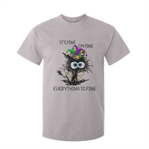 Funny Mardi Gras Cat T Shirt For Kid It's Fine I'm Fine Everything Is Fine Jester Hat Beads TS11 Ice Gray Print Your Wear