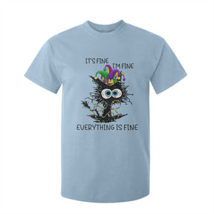 Funny Mardi Gras Cat T Shirt For Kid It's Fine I'm Fine Everything Is Fine Jester Hat Beads TS11 Light Blue Print Your Wear