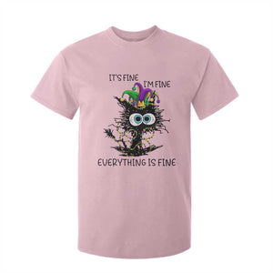 Funny Mardi Gras Cat T Shirt For Kid It's Fine I'm Fine Everything Is Fine Jester Hat Beads TS11 Light Pink Print Your Wear