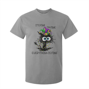 Funny Mardi Gras Cat T Shirt For Kid It's Fine I'm Fine Everything Is Fine Jester Hat Beads TS11 Sport Gray Print Your Wear