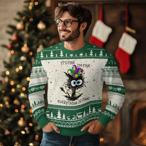 Funny Mardi Gras Cat Ugly Christmas Sweater It's Fine I'm Fine Everything Is Fine Jester Hat Beads TS11 Beige Green Print Your Wear