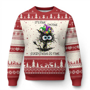 Funny Mardi Gras Cat Ugly Christmas Sweater It's Fine I'm Fine Everything Is Fine Jester Hat Beads TS11 Beige Red Print Your Wear