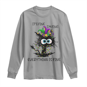 Funny Mardi Gras Cat Long Sleeve Shirt It's Fine I'm Fine Everything Is Fine Jester Hat Beads TS11 Sport Gray Print Your Wear