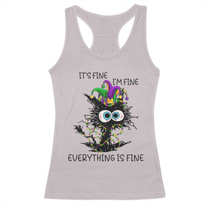 Funny Mardi Gras Cat Racerback Tank Top It's Fine I'm Fine Everything Is Fine Jester Hat Beads TS11 Ice Gray Print Your Wear