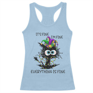 Funny Mardi Gras Cat Racerback Tank Top It's Fine I'm Fine Everything Is Fine Jester Hat Beads TS11 Light Blue Print Your Wear