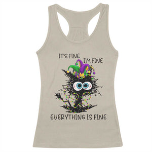 Funny Mardi Gras Cat Racerback Tank Top It's Fine I'm Fine Everything Is Fine Jester Hat Beads TS11 Sand Print Your Wear