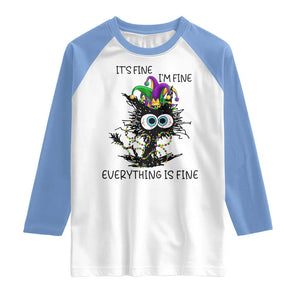 Funny Mardi Gras Cat Raglan Shirt It's Fine I'm Fine Everything Is Fine Jester Hat Beads TS11 White Carolina Blue Print Your Wear