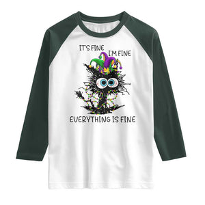 Funny Mardi Gras Cat Raglan Shirt It's Fine I'm Fine Everything Is Fine Jester Hat Beads TS11 White Dark Forest Green Print Your Wear