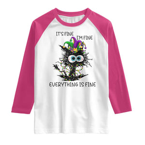 Funny Mardi Gras Cat Raglan Shirt It's Fine I'm Fine Everything Is Fine Jester Hat Beads TS11 White Heliconia Print Your Wear