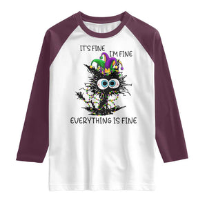Funny Mardi Gras Cat Raglan Shirt It's Fine I'm Fine Everything Is Fine Jester Hat Beads TS11 White Maroon Print Your Wear