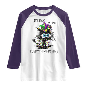Funny Mardi Gras Cat Raglan Shirt It's Fine I'm Fine Everything Is Fine Jester Hat Beads TS11 White Purple Print Your Wear