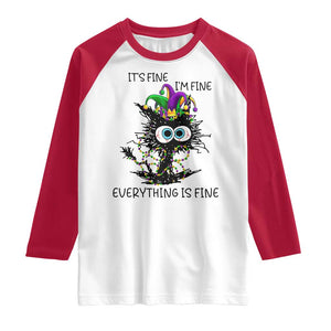 Funny Mardi Gras Cat Raglan Shirt It's Fine I'm Fine Everything Is Fine Jester Hat Beads TS11 White Red Print Your Wear