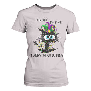 Funny Mardi Gras Cat T Shirt For Women It's Fine I'm Fine Everything Is Fine Jester Hat Beads TS11 Ice Gray Print Your Wear