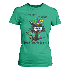 Funny Mardi Gras Cat T Shirt For Women It's Fine I'm Fine Everything Is Fine Jester Hat Beads TS11 Irish Green Print Your Wear