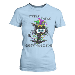 Funny Mardi Gras Cat T Shirt For Women It's Fine I'm Fine Everything Is Fine Jester Hat Beads TS11 Light Blue Print Your Wear
