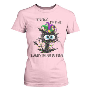 Funny Mardi Gras Cat T Shirt For Women It's Fine I'm Fine Everything Is Fine Jester Hat Beads TS11 Light Pink Print Your Wear