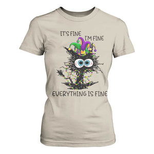 Funny Mardi Gras Cat T Shirt For Women It's Fine I'm Fine Everything Is Fine Jester Hat Beads TS11 Sand Print Your Wear