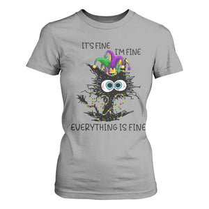 Funny Mardi Gras Cat T Shirt For Women It's Fine I'm Fine Everything Is Fine Jester Hat Beads TS11 Sport Gray Print Your Wear