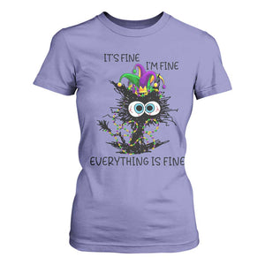 Funny Mardi Gras Cat T Shirt For Women It's Fine I'm Fine Everything Is Fine Jester Hat Beads TS11 Violet Print Your Wear