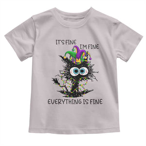 Funny Mardi Gras Cat Toddler T Shirt It's Fine I'm Fine Everything Is Fine Jester Hat Beads TS11 Ice Gray Print Your Wear