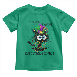 Funny Mardi Gras Cat Toddler T Shirt It's Fine I'm Fine Everything Is Fine Jester Hat Beads TS11 Irish Green Print Your Wear
