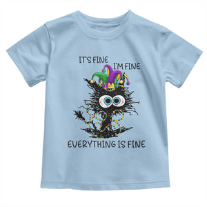 Funny Mardi Gras Cat Toddler T Shirt It's Fine I'm Fine Everything Is Fine Jester Hat Beads TS11 Light Blue Print Your Wear