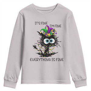 Funny Mardi Gras Cat Youth Sweatshirt It's Fine I'm Fine Everything Is Fine Jester Hat Beads TS11 Ice Gray Print Your Wear