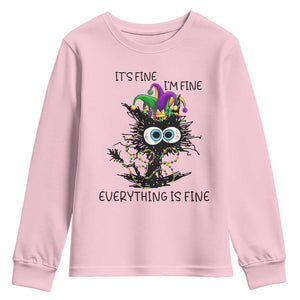 Funny Mardi Gras Cat Youth Sweatshirt It's Fine I'm Fine Everything Is Fine Jester Hat Beads TS11 Light Pink Print Your Wear