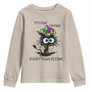 Funny Mardi Gras Cat Youth Sweatshirt It's Fine I'm Fine Everything Is Fine Jester Hat Beads TS11 Sand Print Your Wear