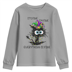 Funny Mardi Gras Cat Youth Sweatshirt It's Fine I'm Fine Everything Is Fine Jester Hat Beads TS11 Sport Gray Print Your Wear