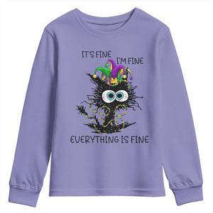 Funny Mardi Gras Cat Youth Sweatshirt It's Fine I'm Fine Everything Is Fine Jester Hat Beads TS11 Violet Print Your Wear