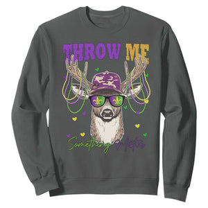 Funny Mardi Gras Mississippi Deer Sweatshirt Throw Me Something Mister Beads TS11 Dark Heather Print Your Wear