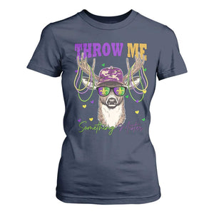 Funny Mardi Gras Mississippi Deer T Shirt For Women Throw Me Something Mister Beads TS11 Navy Print Your Wear